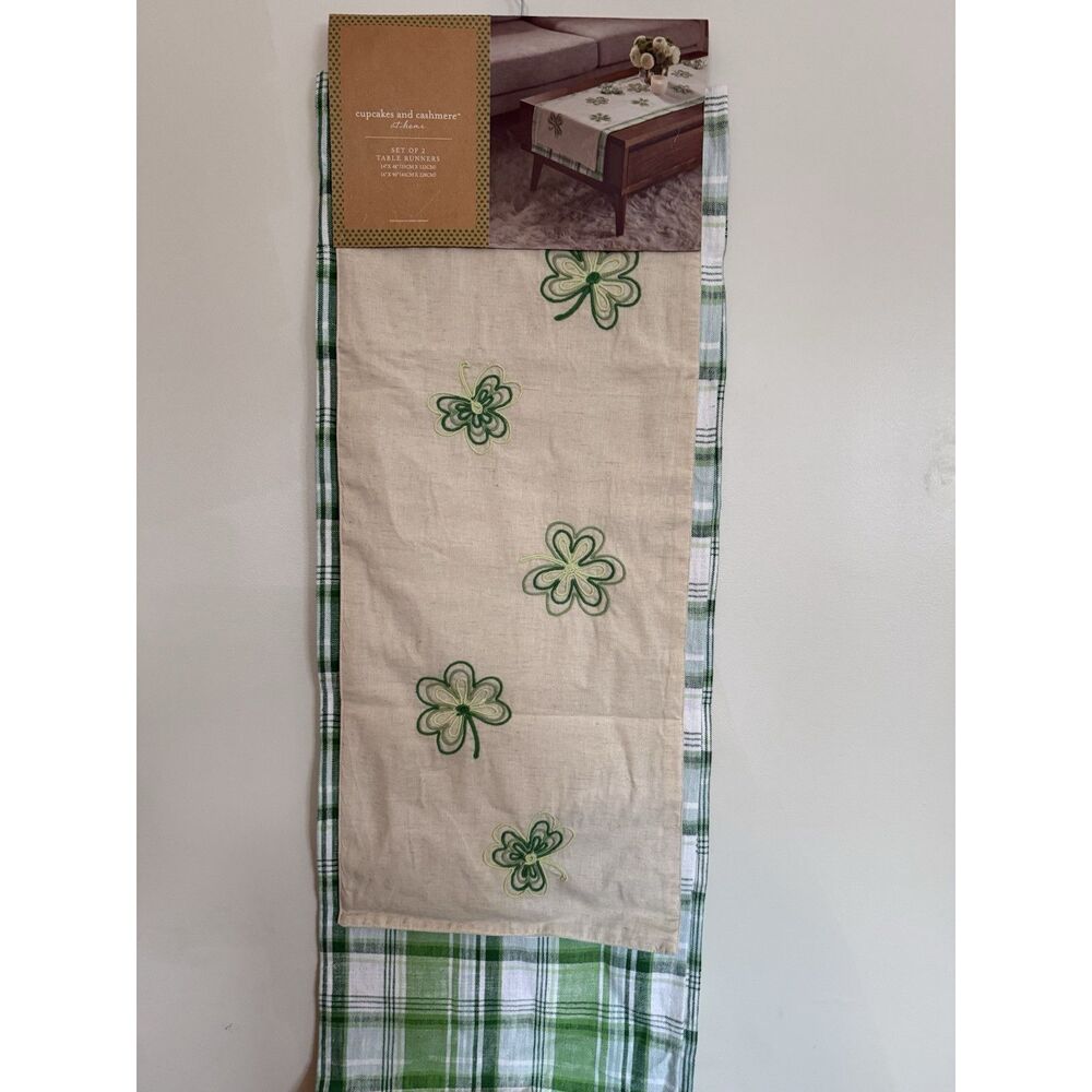 Cupcakes & Cashmere Set Of 2 Table Runners 14x48 And 16x90 Green Plaid&Shamrocks